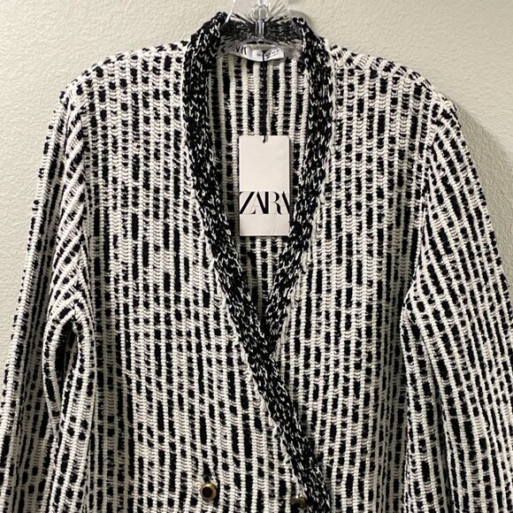 ZARA (NWT) Oversize Double Breast Long Sleeve Cardigan Sweater Jacket, BLK/WHT-M - Picture 5 of 12